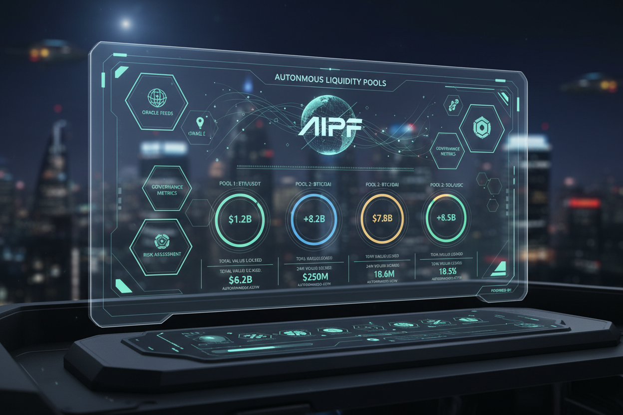 AIPF DeFi dashboard screenshot showing autonomous liquidity pools in action, AI-powered yield farming interface with real-time liquidity optimization