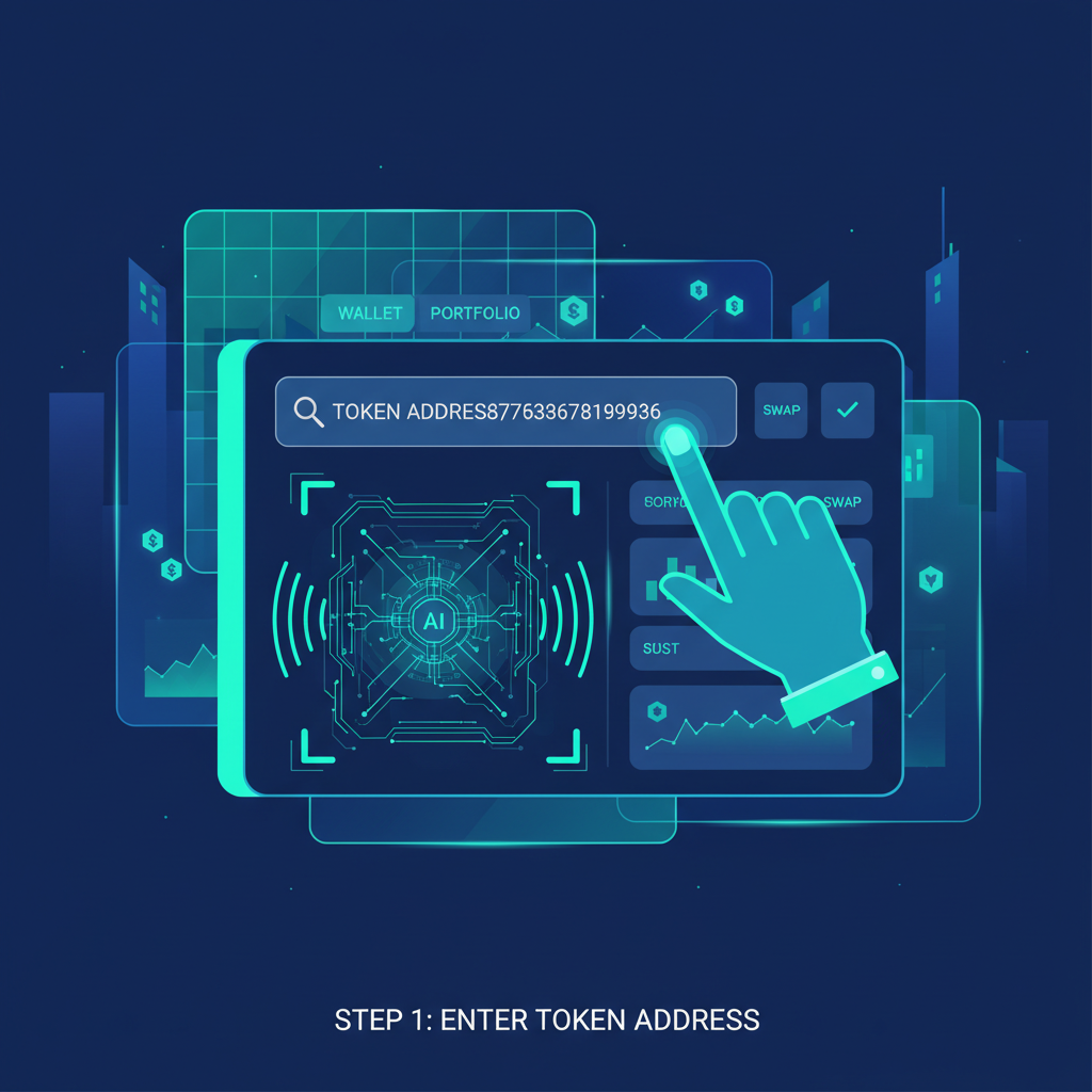 sleek DeFi dashboard interface, user typing token address into search bar, futuristic AI scanner activating, cyberpunk neon blues and greens