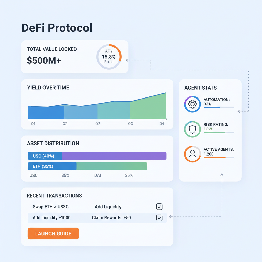 modern DeFi dashboard showing yield charts APY and agent stats