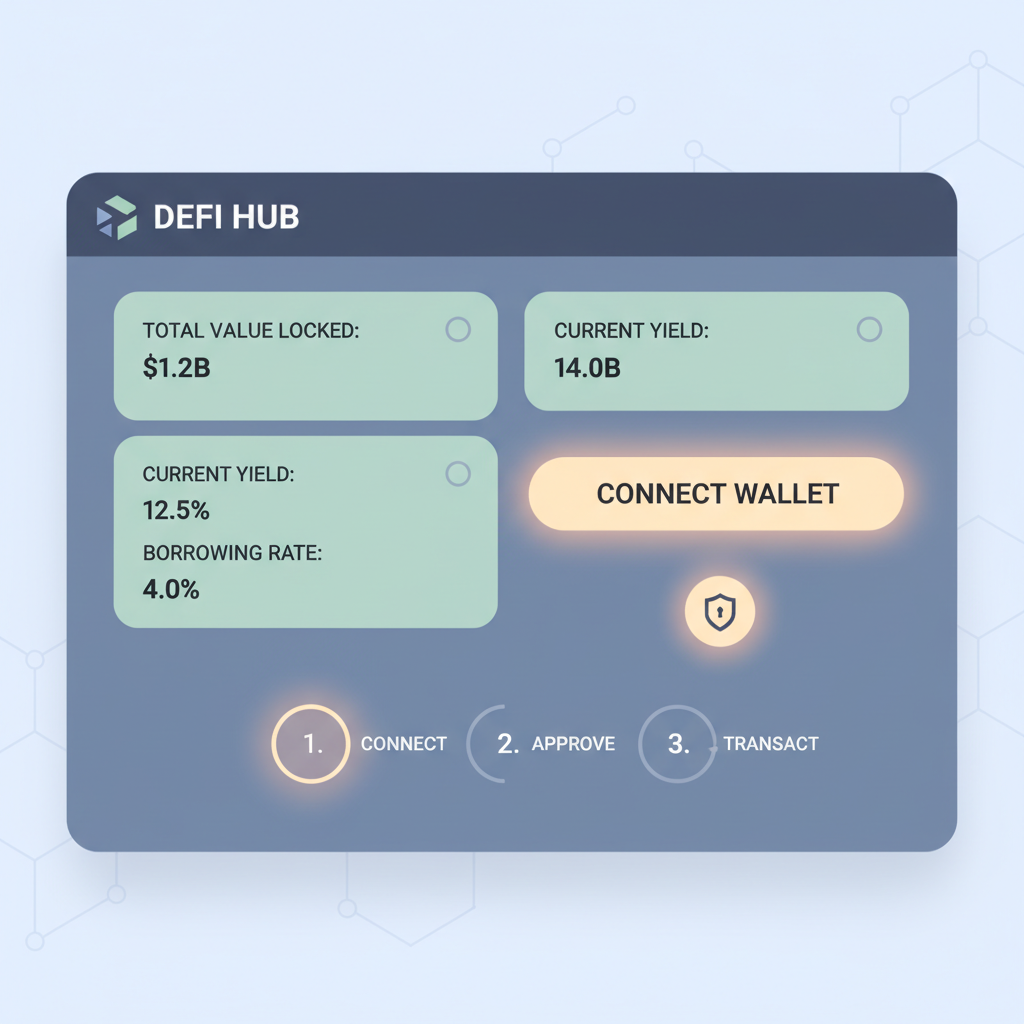 sleek DeFi dashboard with wallet connection button glowing