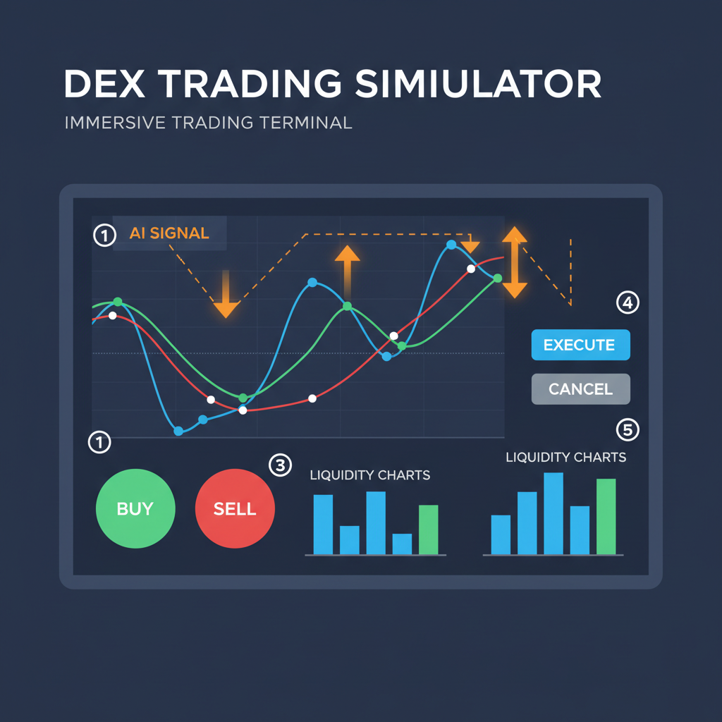 DEX trading simulator screen with execution buttons, liquidity charts, AI signal overlays, immersive trading terminal