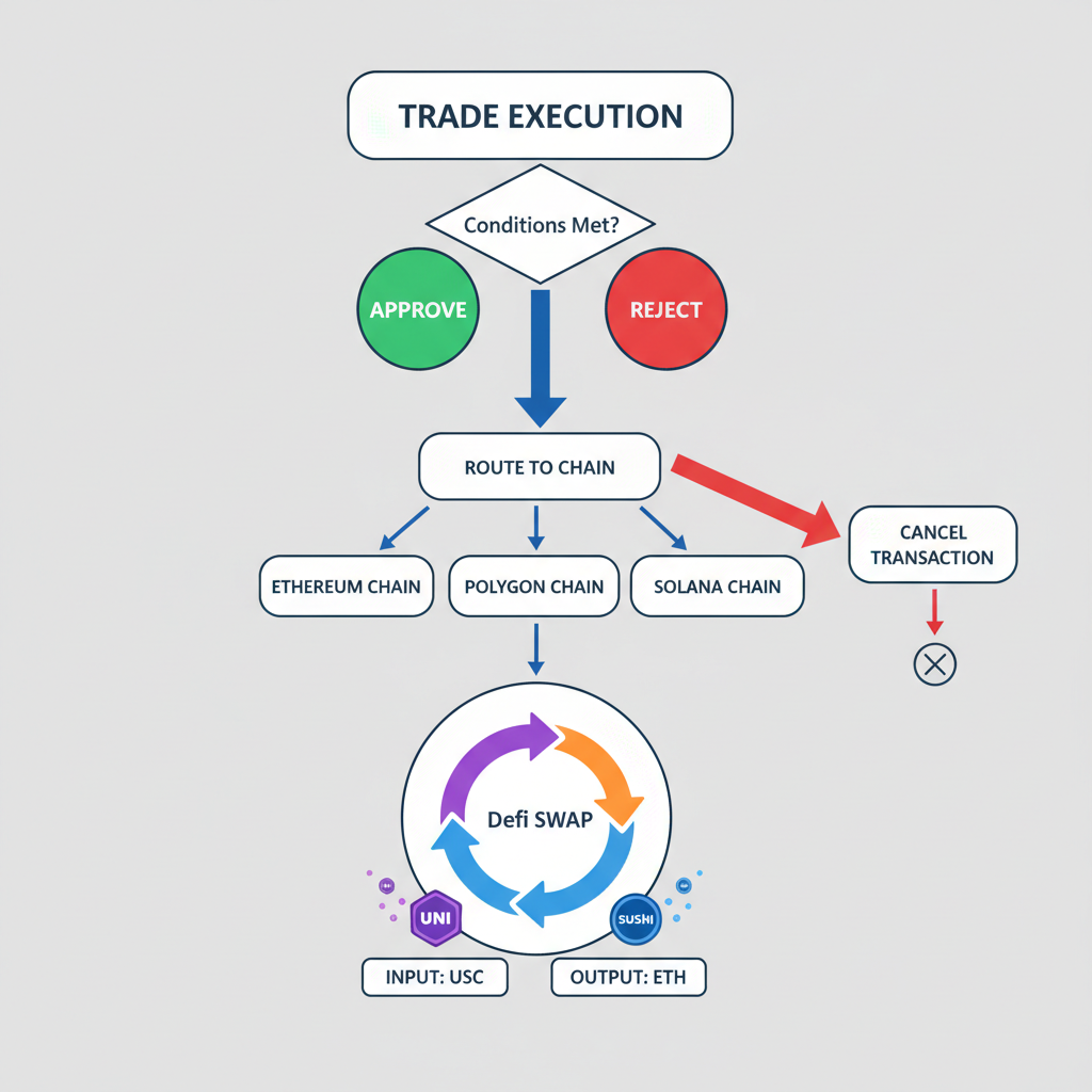 decision flowchart on trading interface, approve/reject buttons, route arrows to different chains, DeFi swap visualization with tokens flowing