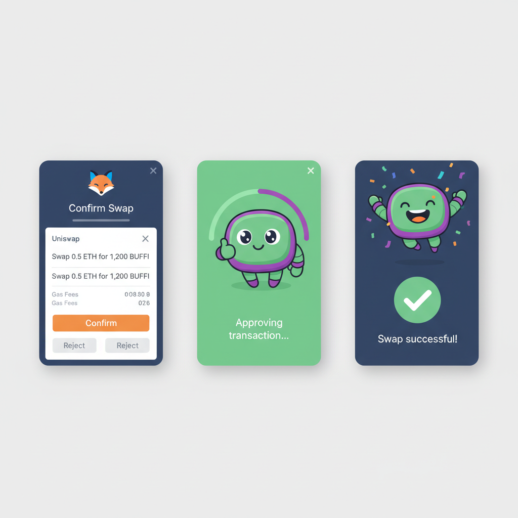 MetaMask approval popup for Uniswap swap transaction, BuffiBot confirmation screen, success animation