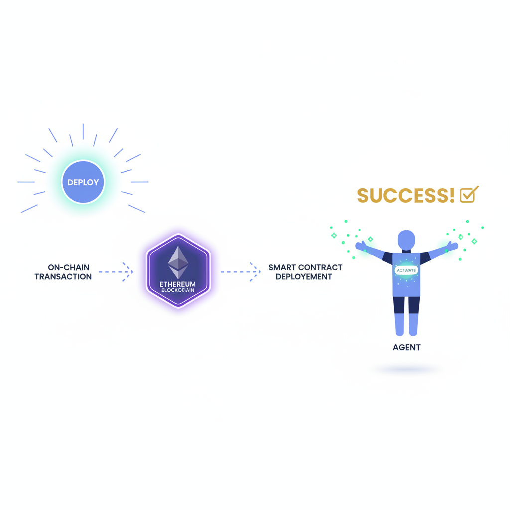 deployment button glowing, on-chain transaction flow to Ethereum, agent activating with success animation