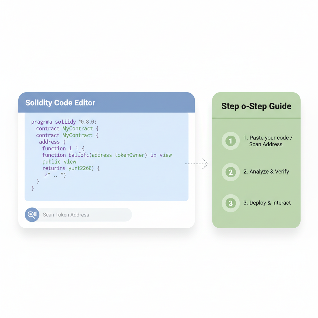 web app interface with Solidity code paste field or token address scanner, simple input UI, code syntax highlighting