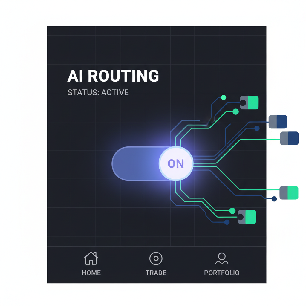 AI routing toggle switch on in trading app, glowing neural network paths connecting chains, high-tech visuals