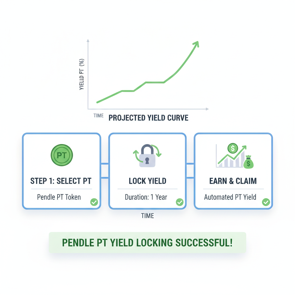 no-code blocks for Pendle PT yield locking, yield curve graphs rising steadily, green success indicators