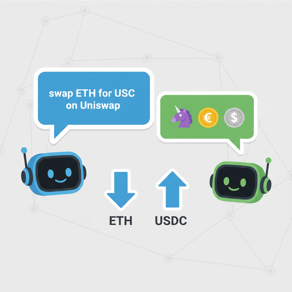 chat bubble with text 'swap ETH for USDC on Uniswap', AI agent responding, DeFi icons