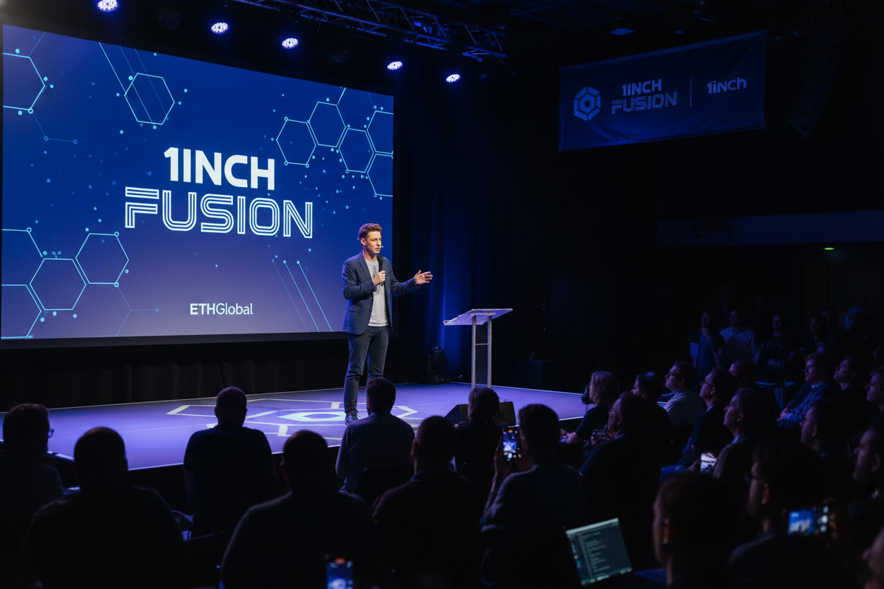 Tanner Moore presenting on 1inch Fusion for boundless cross-chain swaps at ETHGlobal conference