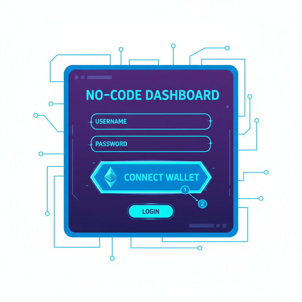 futuristic no-code dashboard login screen with Ethereum wallet connect button, neon blue hues, cyberpunk style