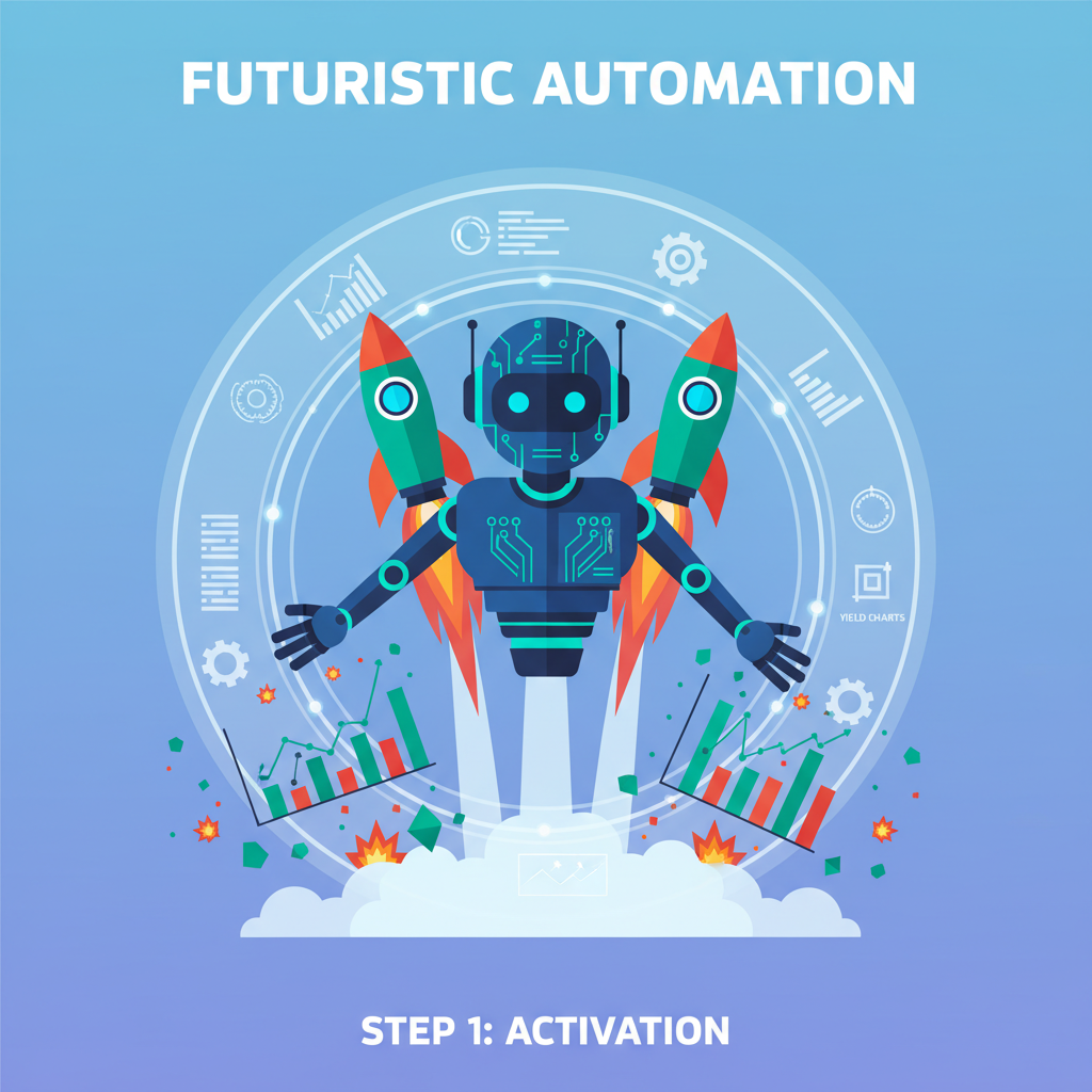 ai agent activating with rockets and yield charts exploding, futuristic automation
