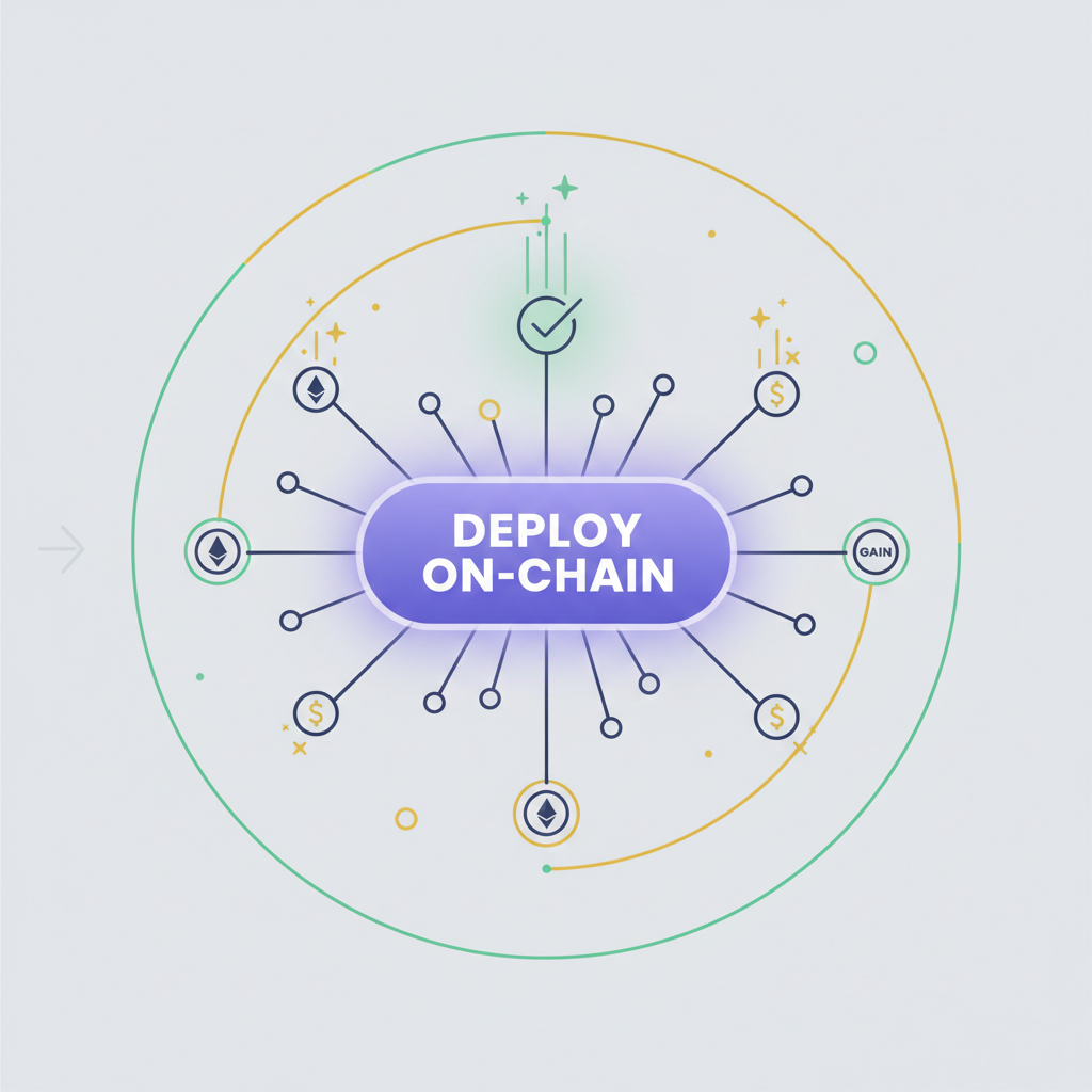 on-chain deployment button glowing with Ethereum blockchain links, $GAIN token icons, success animation