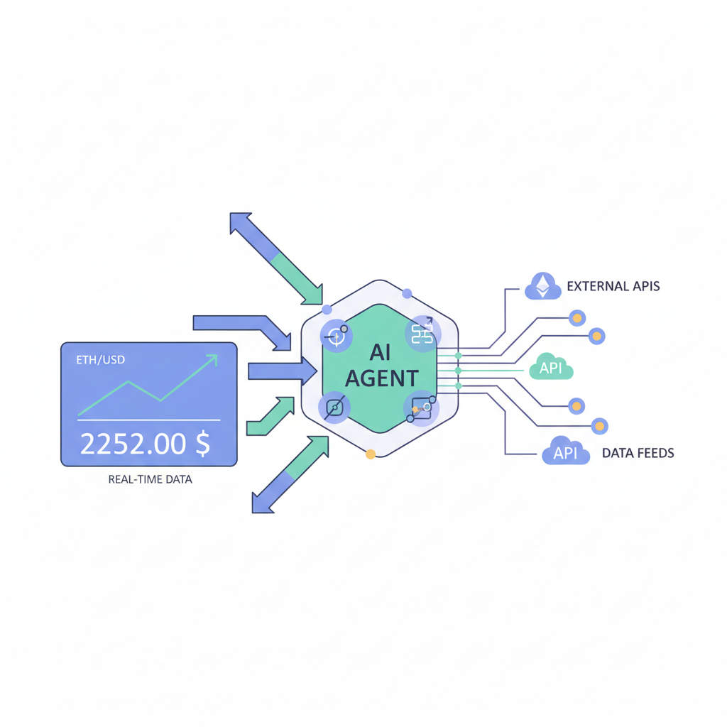 data streams flowing into AI agent node with Ethereum price chart at $2252, real-time APIs connecting
